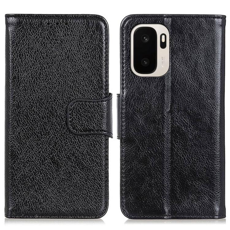 Black nappa texture flip leather phone case with strap and camera cutout