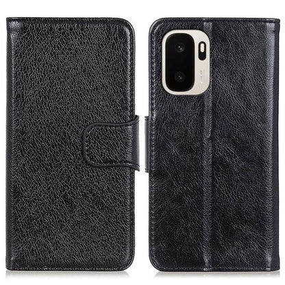 Black nappa texture flip leather phone case with strap and camera cutout