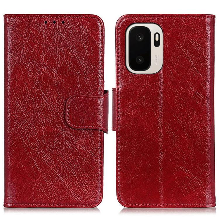 Red nappa texture flip leather phone case with strap and camera cutout