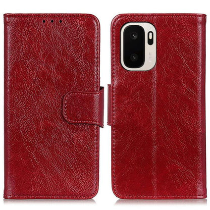 Red nappa texture flip leather phone case with strap and camera cutout