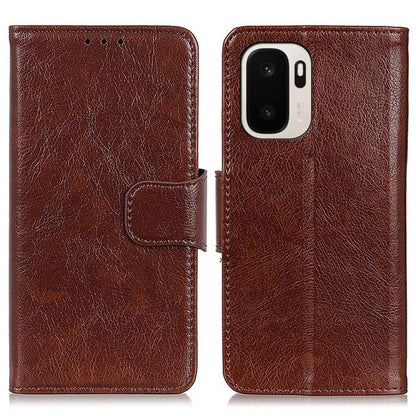 Brown nappa texture flip leather phone case with strap and camera cutout