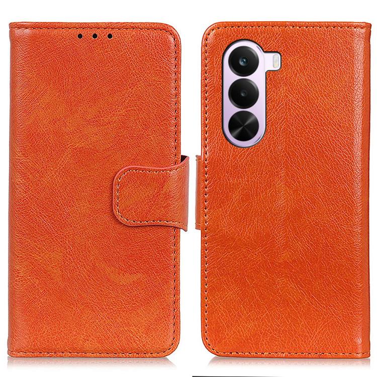 Orange nappa-texture flip leather phone case with front camera cutout.