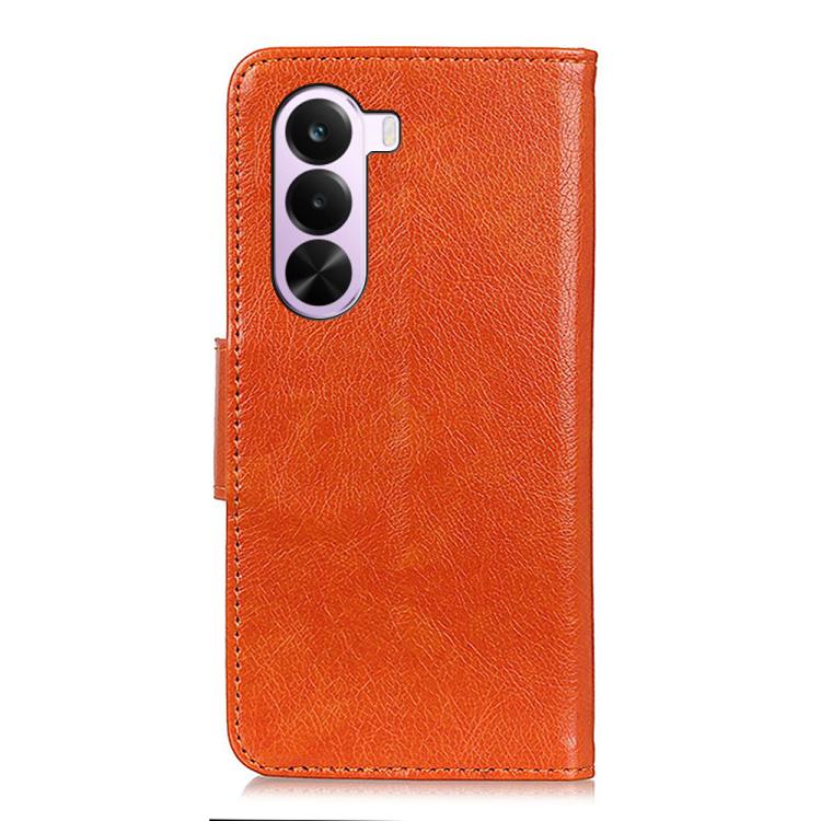 Orange nappa-texture flip leather phone case showing front camera cutout.