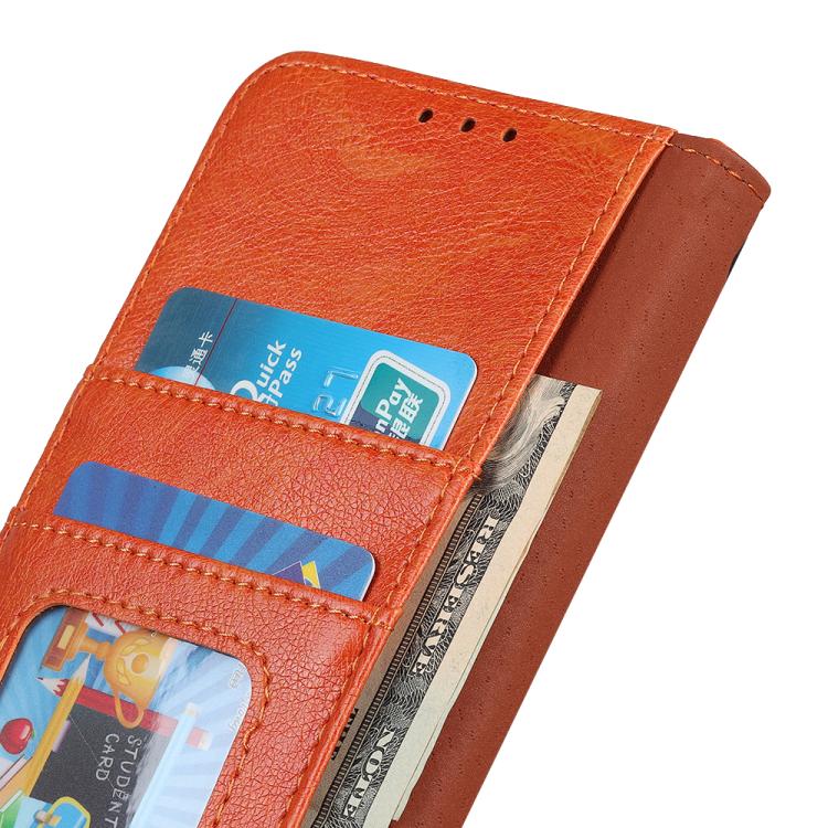 Orange nappa-texture flip leather phone case with card slots and side pocket.
