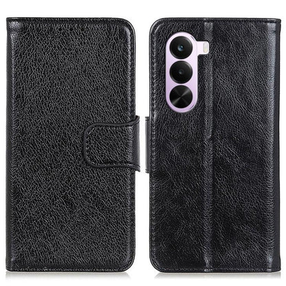 Black nappa-texture flip leather phone case with front camera cutout.