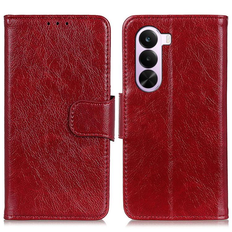 Red nappa-texture flip leather phone case with side latch and camera cutout.
