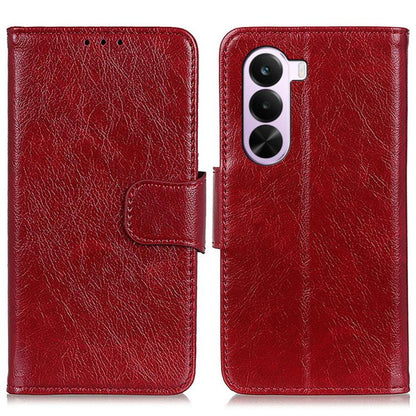 Red nappa-texture flip leather phone case with side latch and camera cutout.