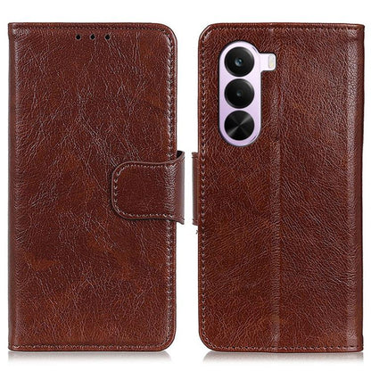 Brown nappa-texture flip leather phone case with side latch and camera cutout.