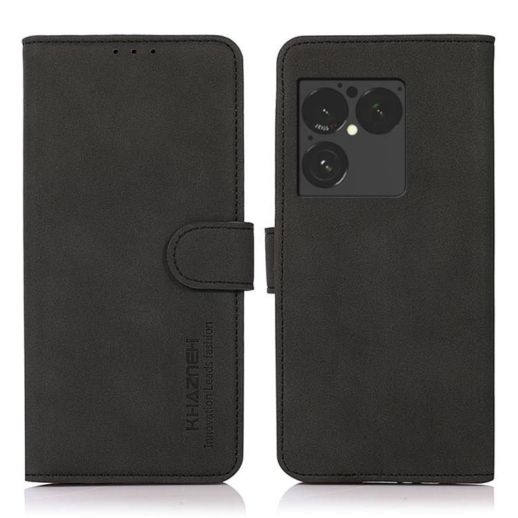 Matte black leather phone case with flip cover and side magnetic strap, camera cutout