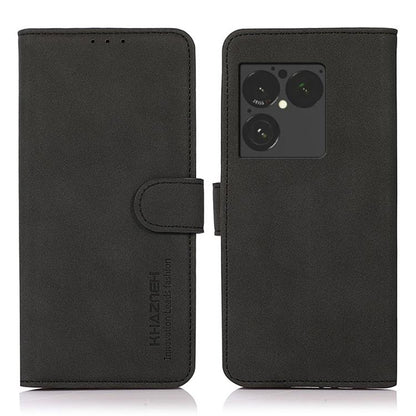 Matte black leather phone case with flip cover and side magnetic strap, camera cutout