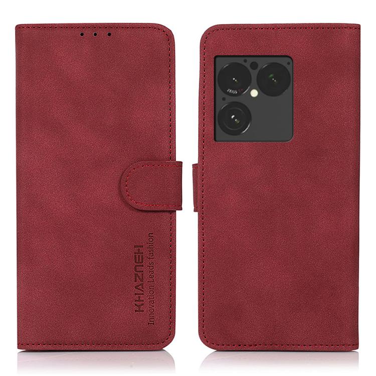 Matte red leather phone case with flip cover and side magnetic strap, camera cutout