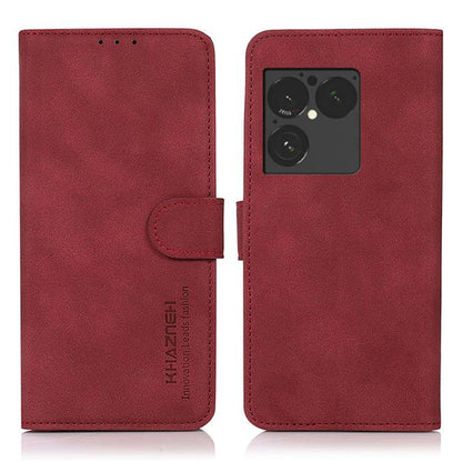 Matte red leather phone case with flip cover and side magnetic strap, camera cutout