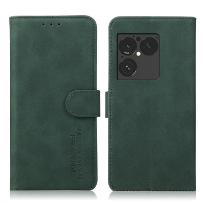 Matte green leather phone case with flip cover and side magnetic strap, camera cutout