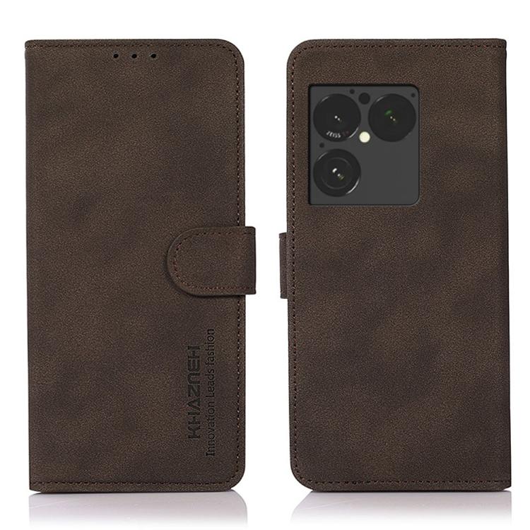 Matte brown leather phone case with flip cover and side magnetic strap, rear camera cutout