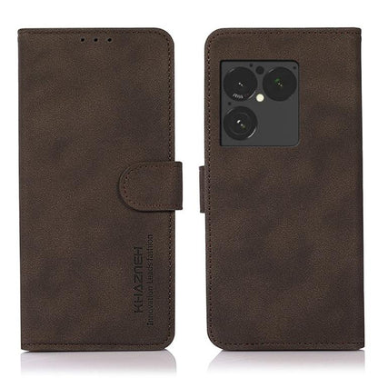 Matte brown leather phone case with flip cover and side magnetic strap, rear camera cutout