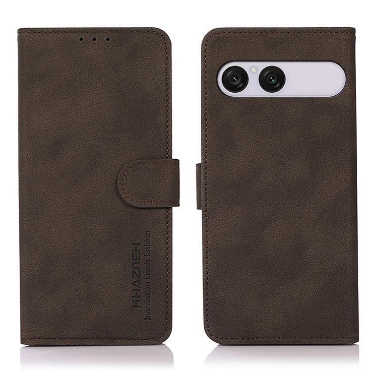 Matte brown leather phone case with flip cover and side magnetic strap, camera cutout