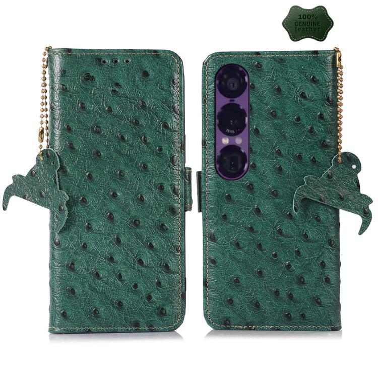 Green ostrich-pattern leather RFID phone case with camera cutout and coin chain