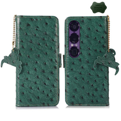 Green ostrich-pattern leather RFID phone case with camera cutout and coin chain