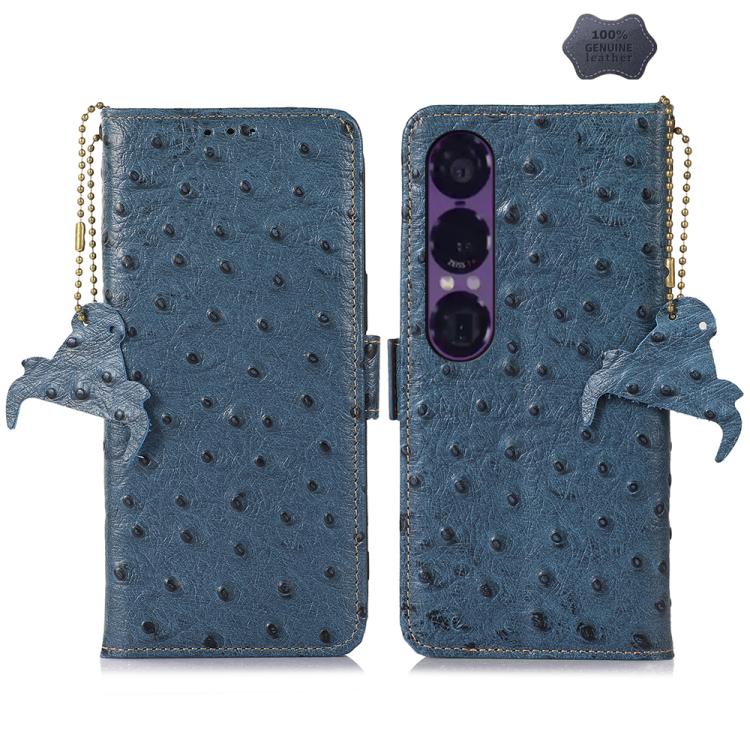 Blue ostrich leather phone wallet case with animal charm and beaded side strap