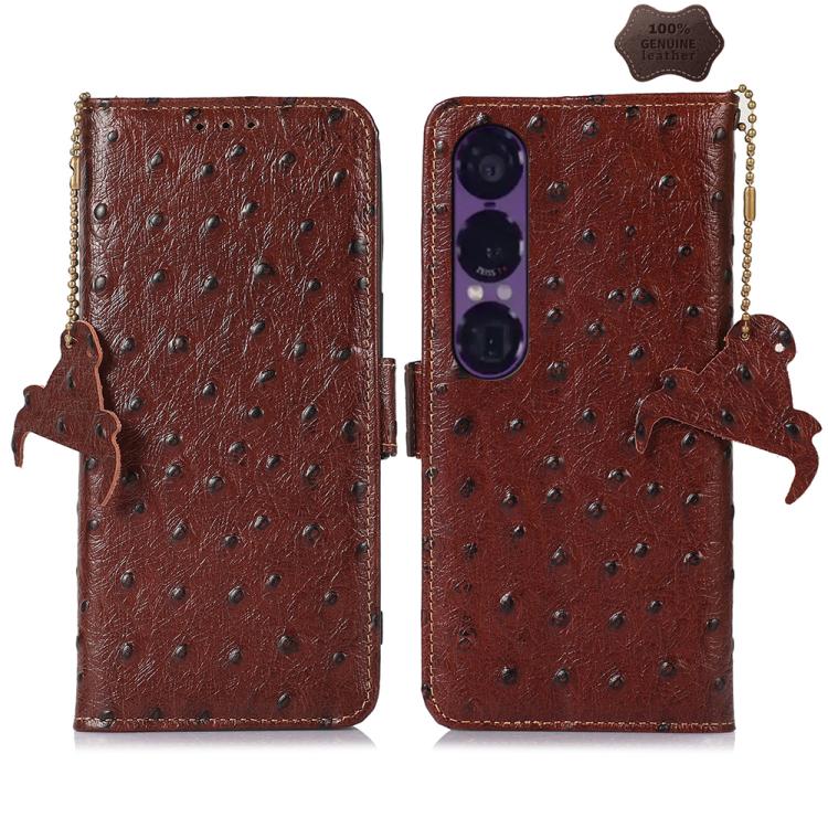 Coffee brown ostrich leather phone wallet case with animal charm and beaded side strap