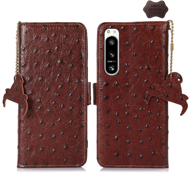 Ostrich-pattern genuine leather RFID phone case, dark brown, flip cover with camera cutout