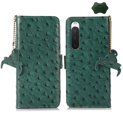Ostrich-pattern genuine leather RFID phone case, green, flip cover with camera cutout