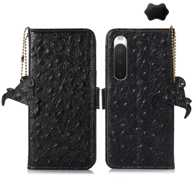 Ostrich-pattern genuine leather RFID phone case, black, flip cover with camera cutout