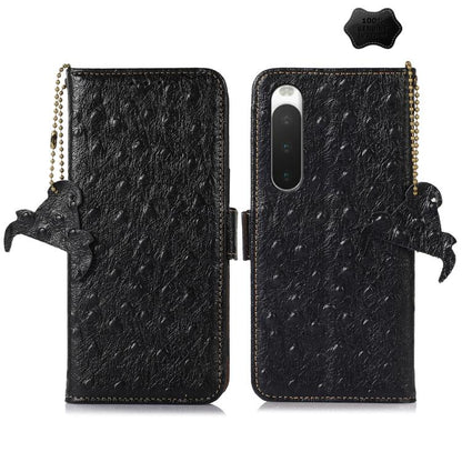 Ostrich-pattern genuine leather RFID phone case, black, flip cover with camera cutout