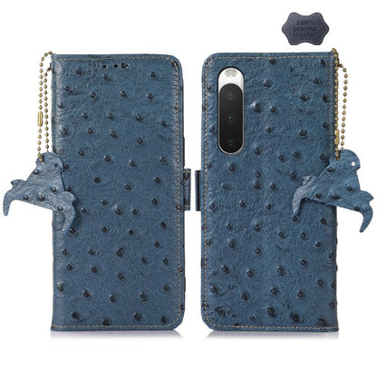 Ostrich-pattern genuine leather RFID phone case, blue, flip cover with camera cutout
