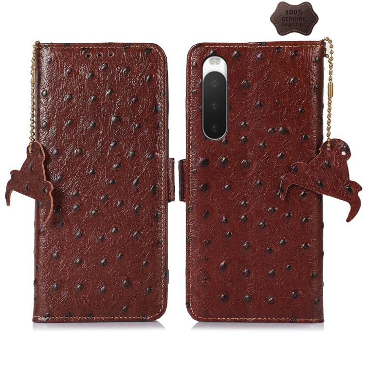 Ostrich-pattern genuine leather RFID phone case, dark brown, front and back view with camera cutout