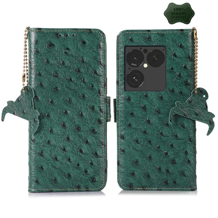 Green ostrich-pattern genuine leather RFID phone case with flip cover and coin chain