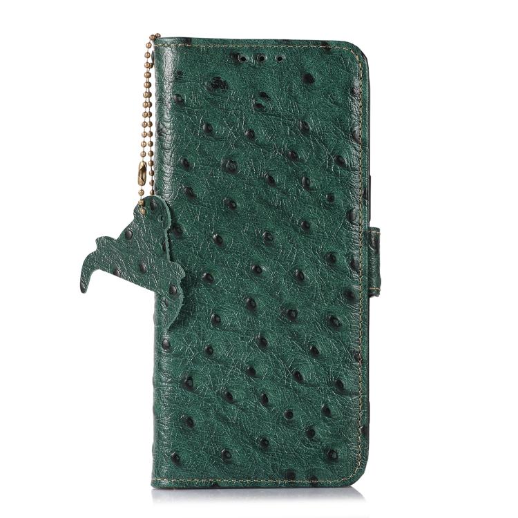 Green ostrich-pattern leather RFID phone case with flip cover and side tassel