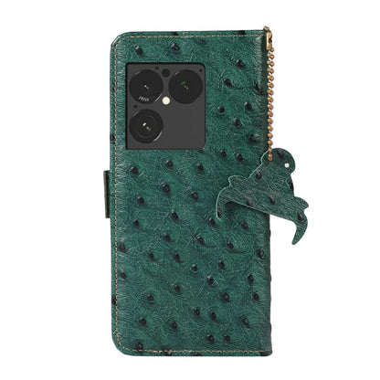 Green ostrich-pattern leather RFID phone case with camera cutout and hanging charm