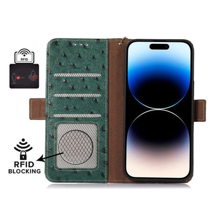 Green RFID phone case with flip cover, card slots, and phone screen inside