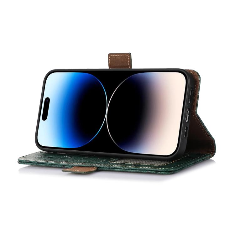Green ostrich-pattern RFID phone case with flip stand and phone front