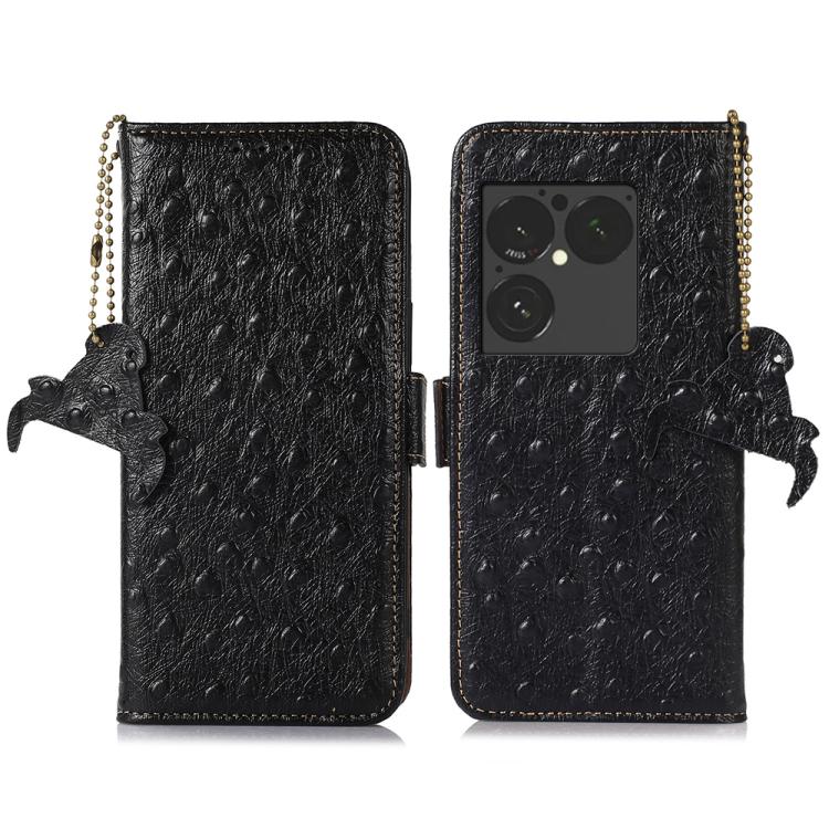Black ostrich-pattern genuine leather RFID phone case with flip cover and tassel