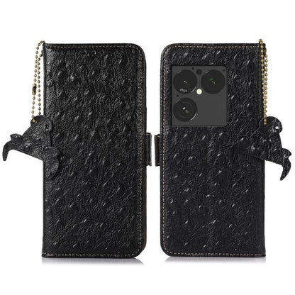 Black ostrich-pattern genuine leather RFID phone case with flip cover and tassel