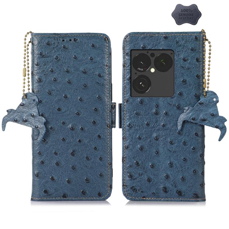 Blue ostrich-pattern genuine leather RFID phone case with flip cover and tassel