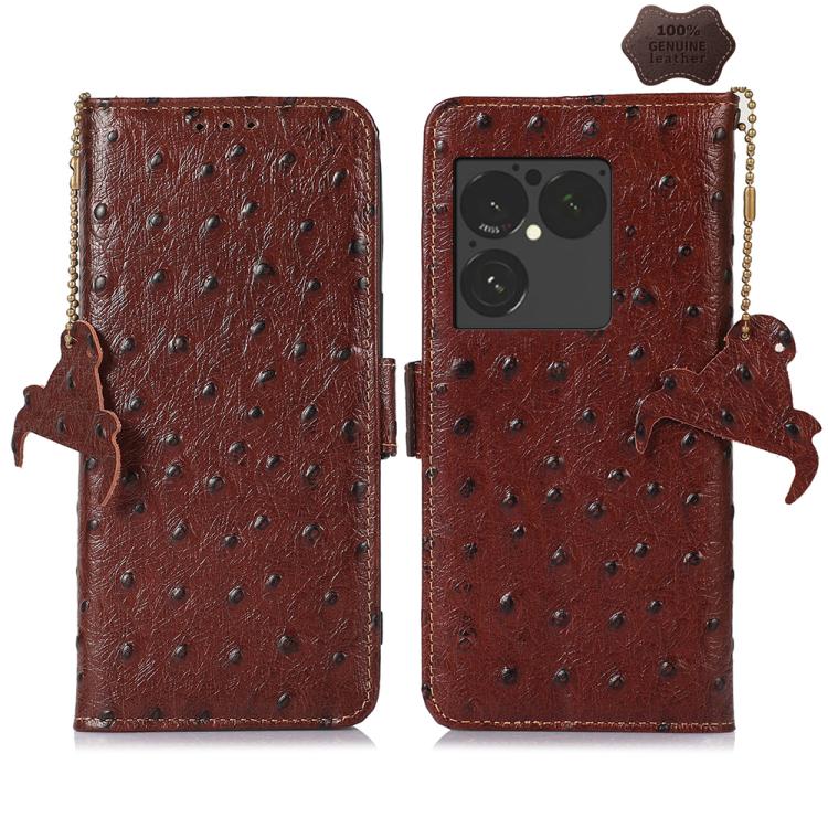 Coffee-brown ostrich-pattern genuine leather RFID phone case with flip cover and tassel
