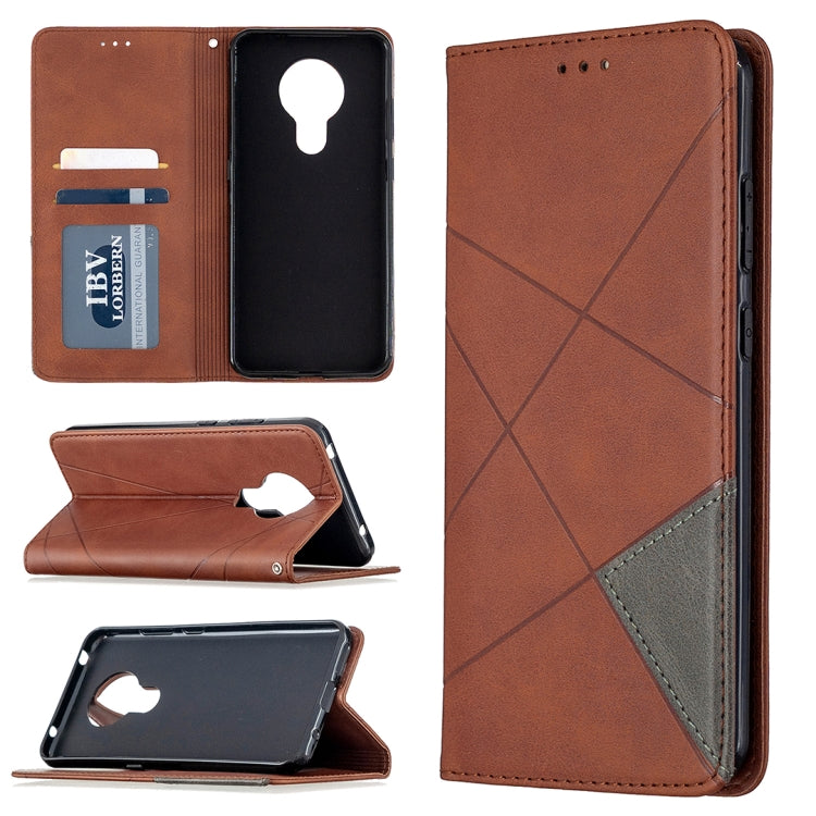 Brown leather wallet phone case with magnetic flip and card slots, cross-line prismatic design