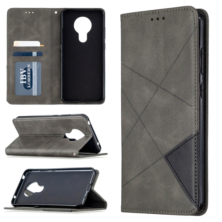 Grey leather wallet phone case with magnetic flip, card slots, and diagonal prismatic panel detail