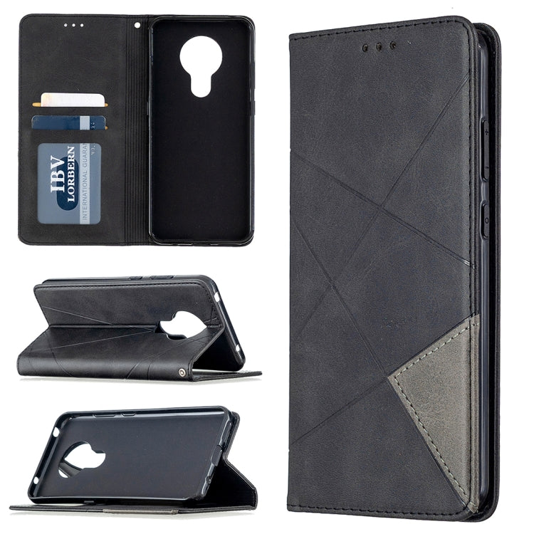 Black leather wallet phone case with magnetic flip and card slots, geometric prismatic pattern