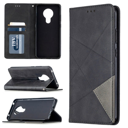 Black leather wallet phone case with magnetic flip and card slots, geometric prismatic pattern