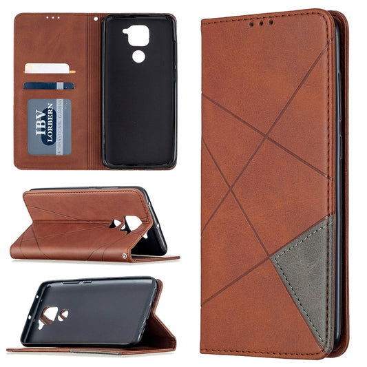 Brown leather flip phone case with geometric pattern, card slots, and magnetic closure