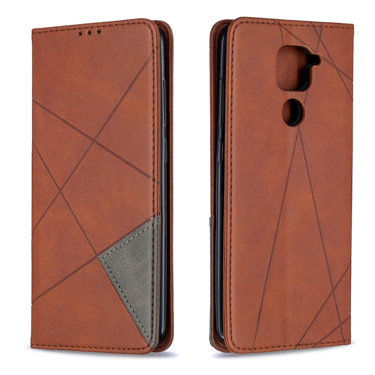 Brown leather wallet flip case with geometric lines and front cutouts for phone ports