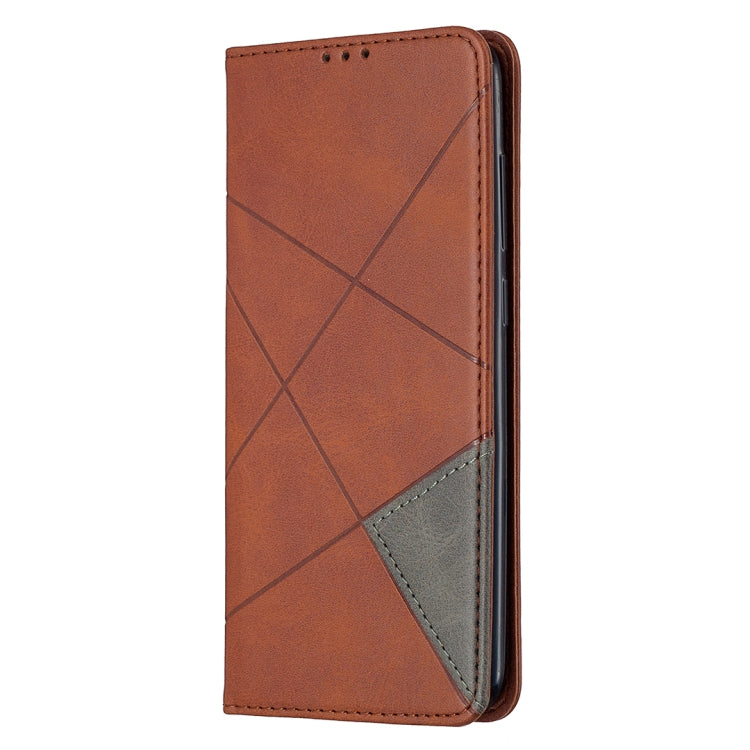 Brown leather flip phone case with diagonal geometric pattern and stitched edge trim