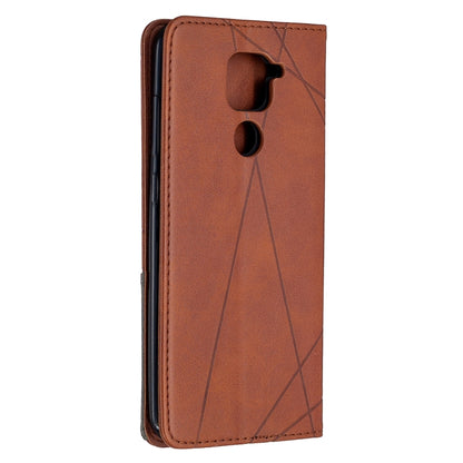 Brown leather phone wallet case with camera and speaker cutouts and geometric design