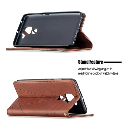 Brown leather flip wallet case standing in landscape view with angled kickstand