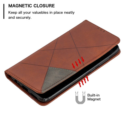 Brown leather flip phone case with built-in magnet closure and side alignment grip