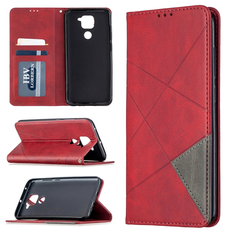 Red leather flip phone case with geometric pattern, card slots, and magnetic closure